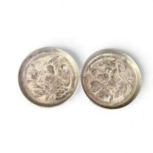 Vintage Stede Pewter Floral Coasters Set of 2 Embossed Flowers Patina